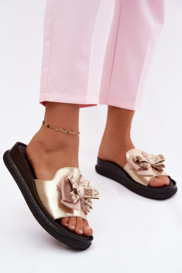 Dames slippers van natuurlijk leer met strikken S.Barski KV61-6061 gouden kleur 2