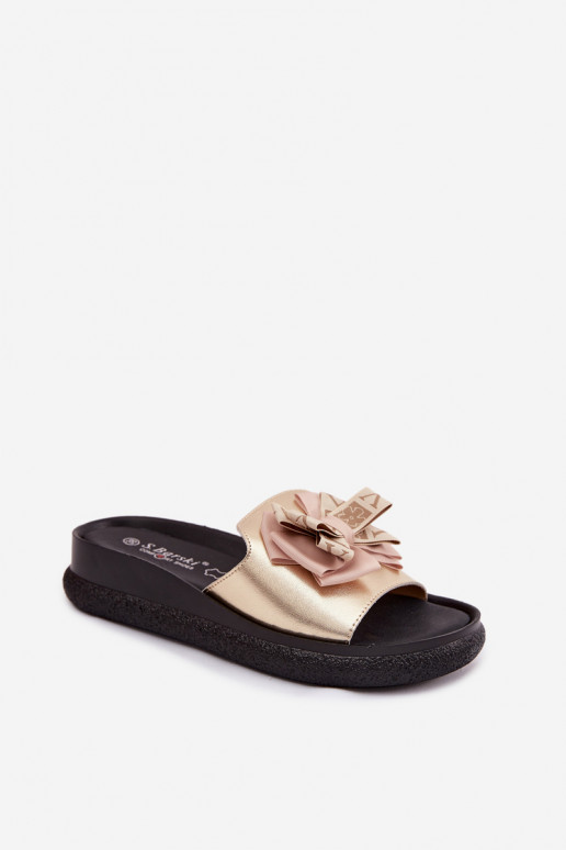 Dames slippers van natuurlijk leer met strikken S.Barski KV61-6061 gouden kleur