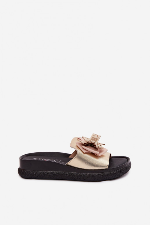 Dames slippers van natuurlijk leer met strikken S.Barski KV61-6061 gouden kleur