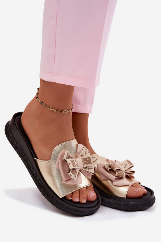 Damespantoffels Echt leer met linten S.Barski KV61-6061 gouden kleur