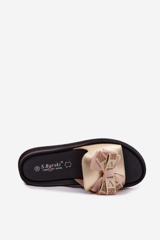 Dames slippers van natuurlijk leer met strikken S.Barski KV61-6061 gouden kleur
