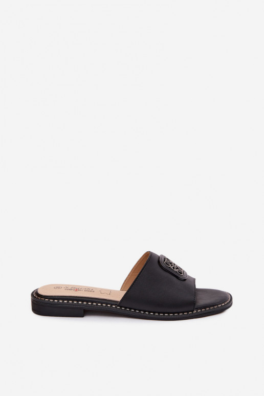 Slippers van natuurlijk leer met brede hakken en decoratie S.Barski KV61-6019 zwarte kleur