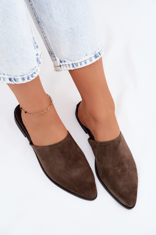 Leer Suede pantoffels Mule Dames plat D&A JC61-1004 kaki kleuren