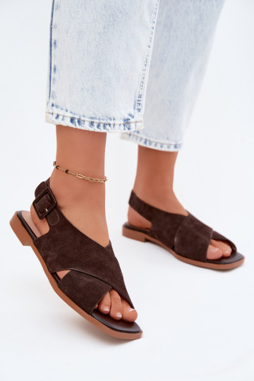 Leer Suède damessandalen met brede hakken D&A JC61-1001 CzekoladoIne 2