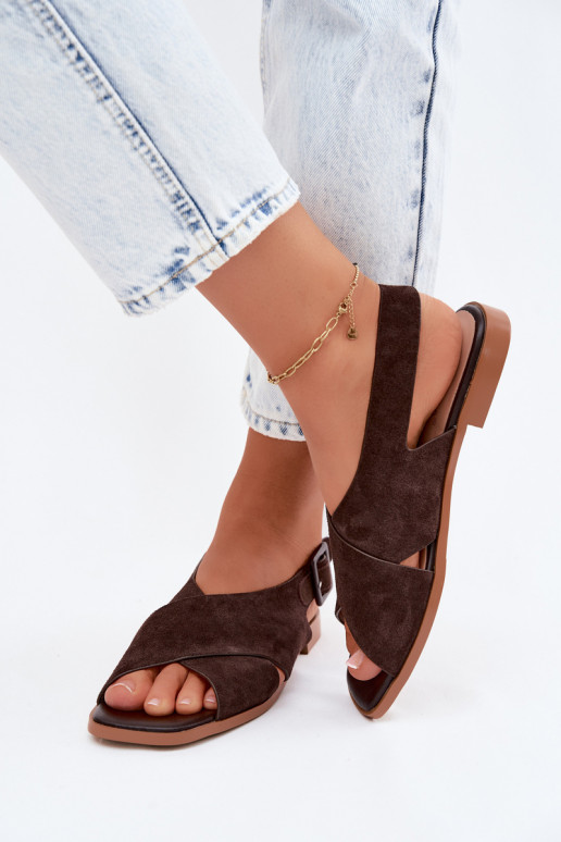 Leer Suède damessandalen met brede hakken D&A JC61-1001 CzekoladoIne