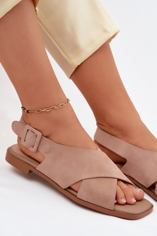 Leer Suède damessandalen met brede hakken D&A JC61-1001 beige