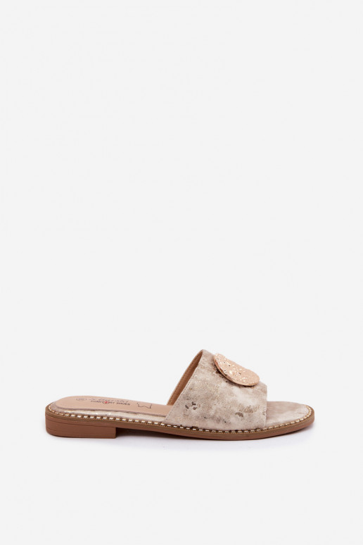 Dames slippers met decoratieve details en brede hakken KV61-6034 goudkleurig