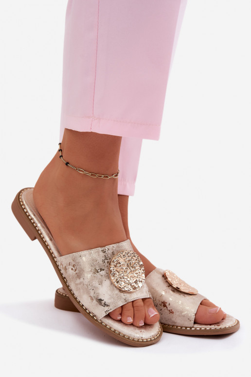 Damespantoffels Met sierlijk Detalem met brede hakken KV61-6034 gouden kleur