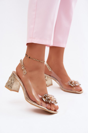 Transparante sandalen met fonkelende edelstenen op de hak S.Barski KV61-6068 goudkleurig