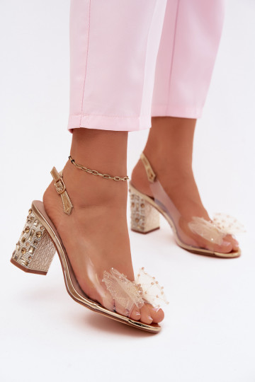 Sandalen met hak en fonkelende edelstenen, gaas met strikken D&A MR61-9010 goudkleurig 2