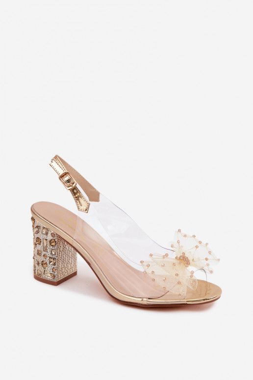 Sandalen met hak en fonkelende edelstenen, gaas met strikken D&A MR61-9010 goudkleurig