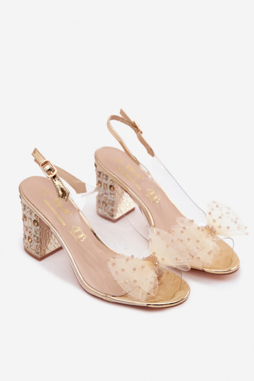 Sandalen met hak en fonkelende edelstenen, gaas met strikken D&A MR61-9010 goudkleurig
