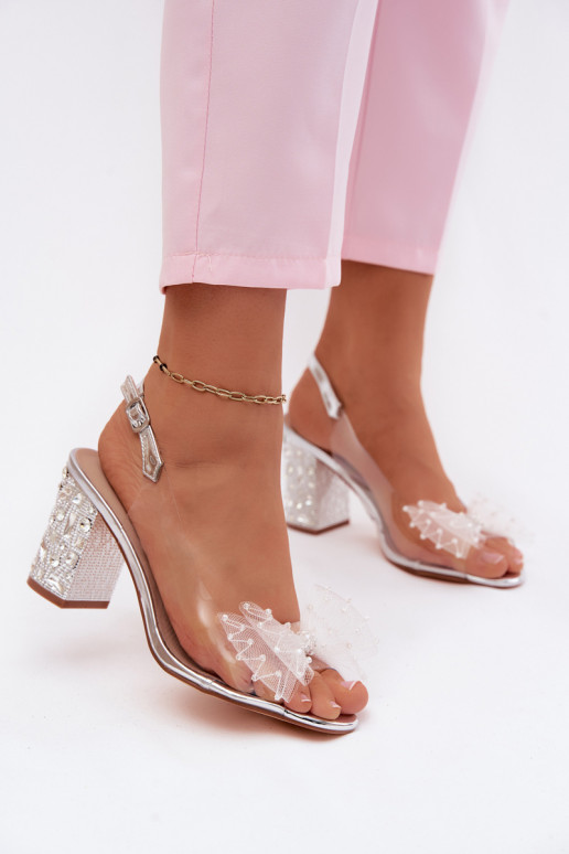Sandalen met hak en fonkelende edelstenen, gaas met strikken D&A MR61-9010 zilver