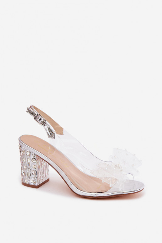 Sandalen met hak en fonkelende edelstenen, gaas met strikken D&A MR61-9010 zilver