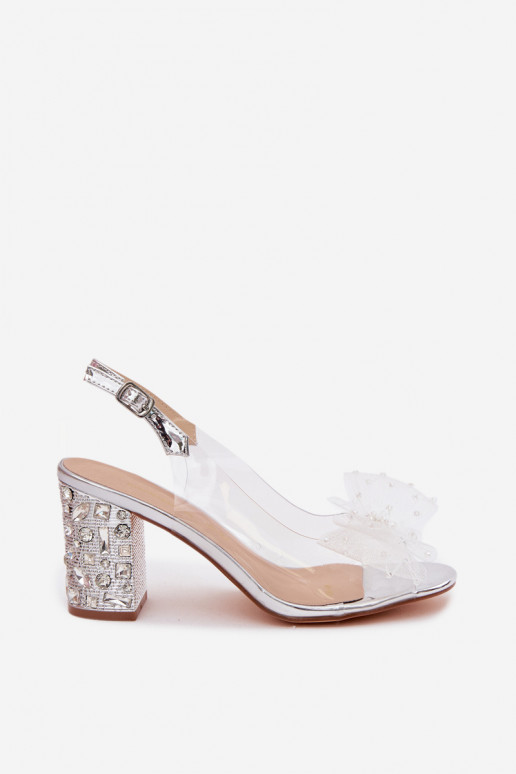 Sandalen met hak en fonkelende edelstenen, gaas met strikken D&A MR61-9010 zilver
