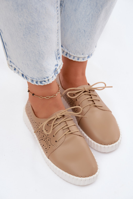 Zand geperforeerde schoenen met veters Pearla