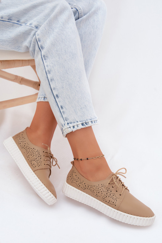 Zand geperforeerde schoenen met veters Pearla