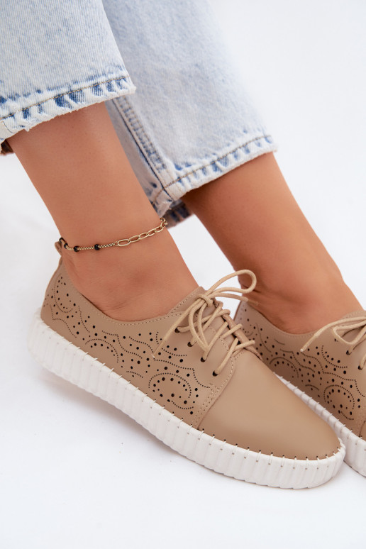 Zand geperforeerde schoenen met veters Pearla