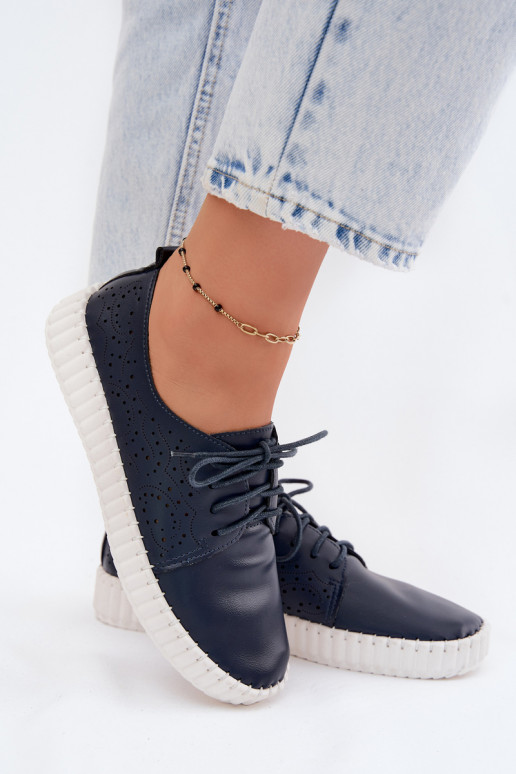 Donkerblauwe geperforeerde schoenen met veters Pearla