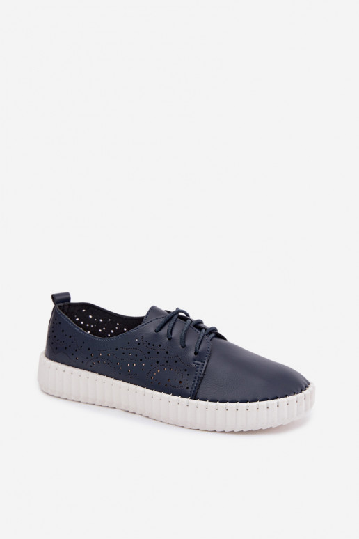 Donkerblauwe geperforeerde schoenen met veters Pearla