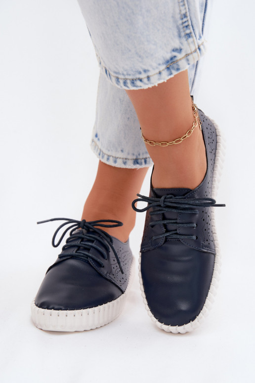 Donkerblauwe geperforeerde schoenen met veters Pearla