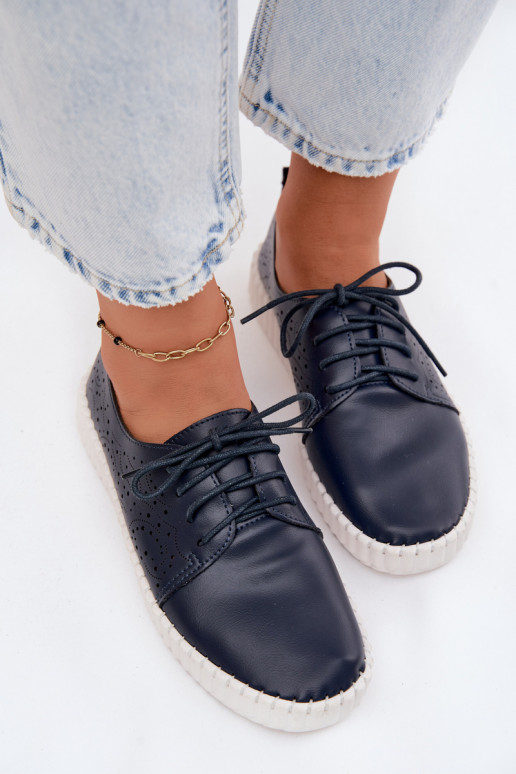 Donkerblauwe geperforeerde schoenen met veters Pearla