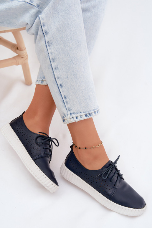 Donkerblauwe geperforeerde schoenen met veters Pearla