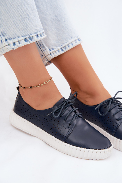 Donkerblauwe geperforeerde schoenen met veters Pearla