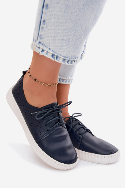 Donkerblauwe geperforeerde schoenen met veters Pearla