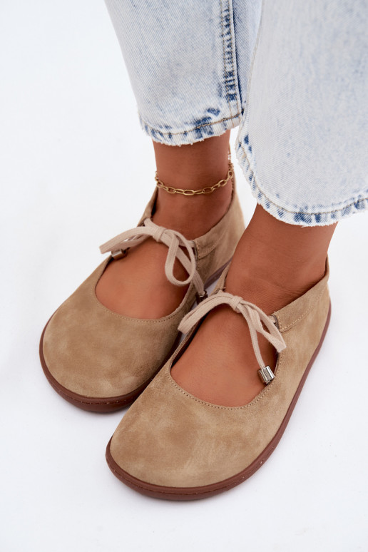 Leer Ballerinas van suède Barefoot met riemen Zazoo 021 beige