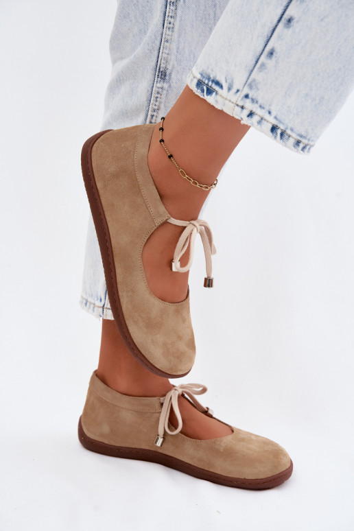 Leer Ballerinas van suède Barefoot met riemen Zazoo 021 beige