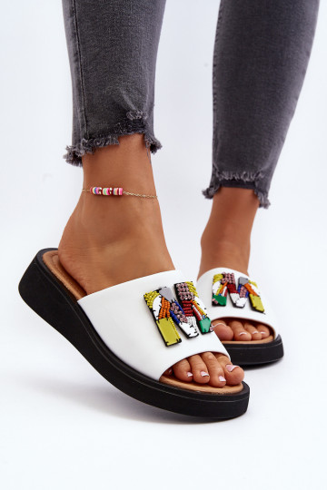 Dames leren slippers met ornamenten wit Asames