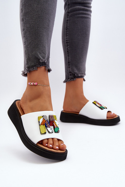 Dames leren slippers met ornamenten wit Asames
