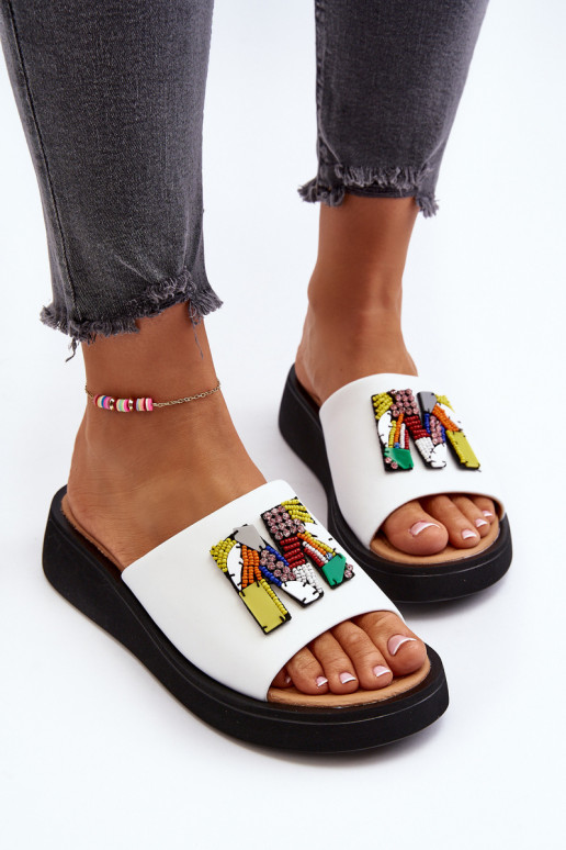 Dames leren slippers met ornamenten wit Asames