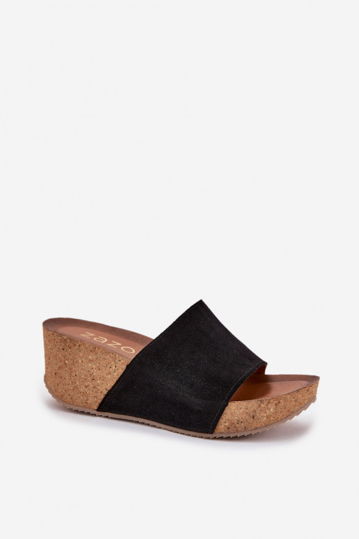 Zazoo 40311 Dames zwarte suède slippers op kurken zool