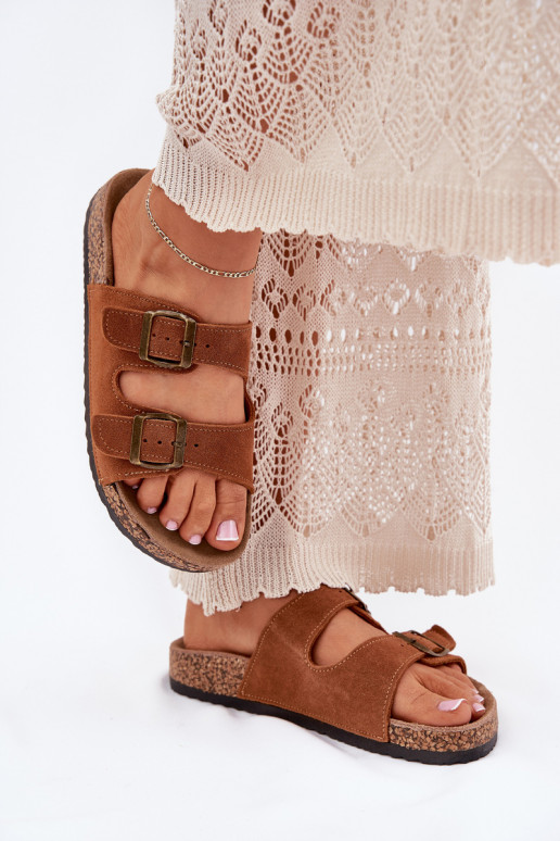 Suede pantoffels Op een kurkzool met gespen bruine kleur Tavira