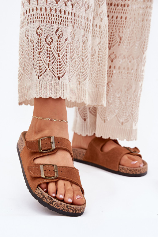 Suede pantoffels Op een kurkzool met gespen bruine kleur Tavira