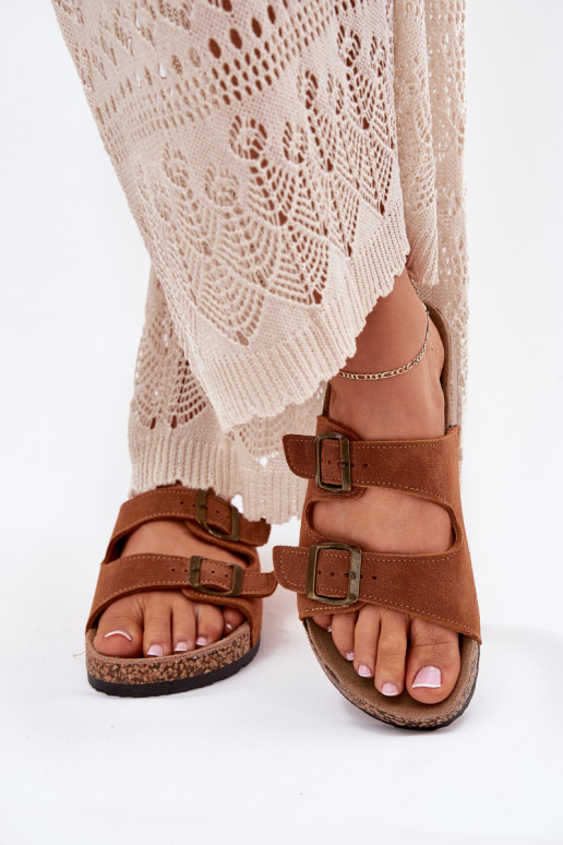 Suede pantoffels Op een kurkzool met gespen bruine kleur Tavira