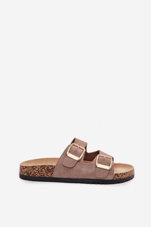 Dames zandkleurige faux suede slippers met gouden gespen Vorella
