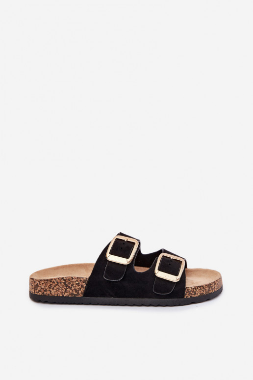Dames zwarte faux suede slippers met gouden gespen Vorella