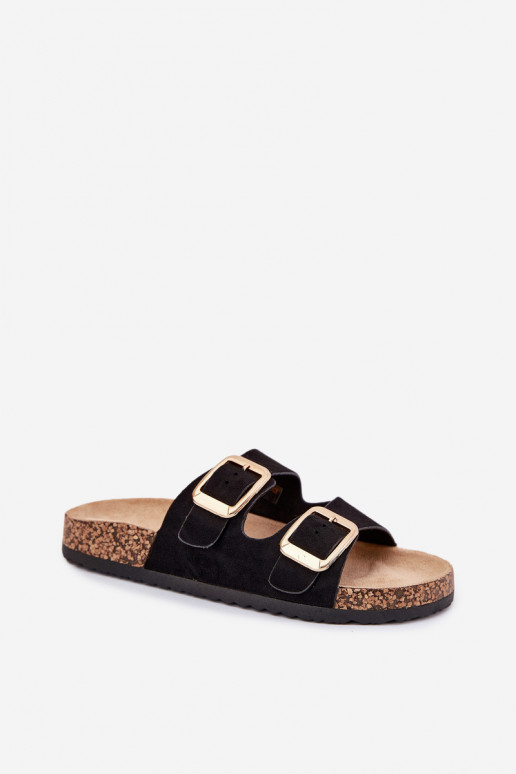 Dames zwarte faux suede slippers met gouden gespen Vorella