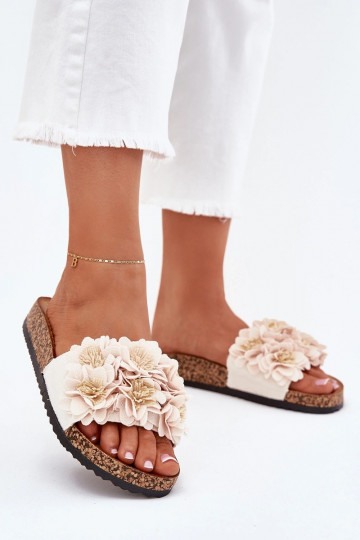 Dames zandkleurige slippers op kurken zool met decoratieve bloemmotieven Seleneza