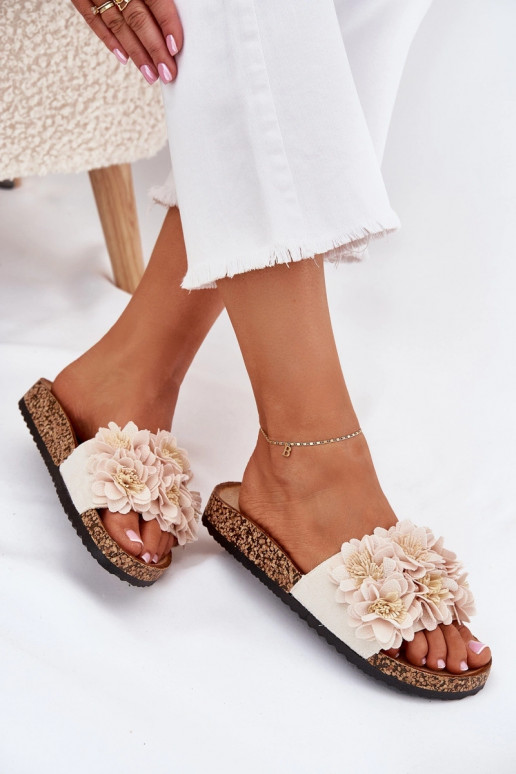Dames zandkleurige slippers op kurken zool met decoratieve bloemmotieven Seleneza
