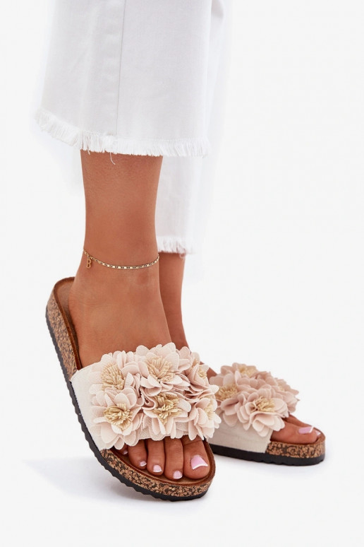 Dames zandkleurige slippers op kurken zool met decoratieve bloemmotieven Seleneza