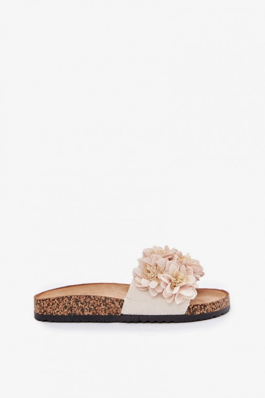 Dames zandkleurige slippers op kurken zool met decoratieve bloemmotieven Seleneza
