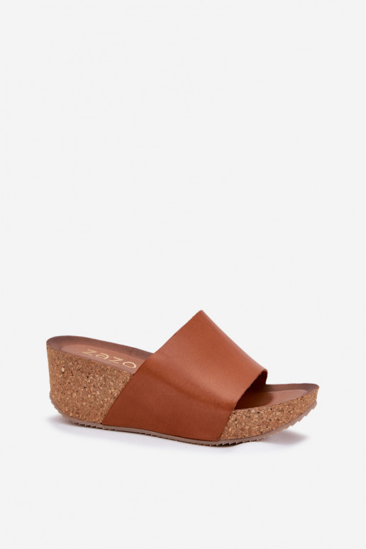 Zazoo 40291 Dames bruine leren slippers op kurken zool