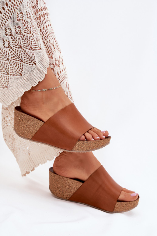 Zazoo 40291 Dames bruine leren slippers op kurken zool