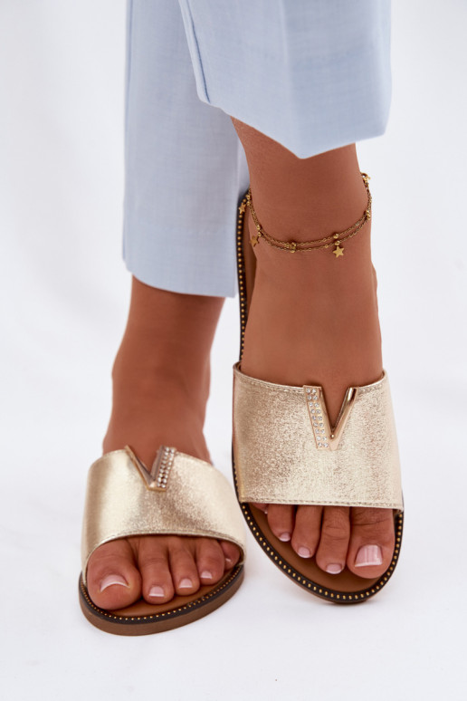 Slippers Dames plat Met sierlijk Detalem V gouden kleur Nelmira
