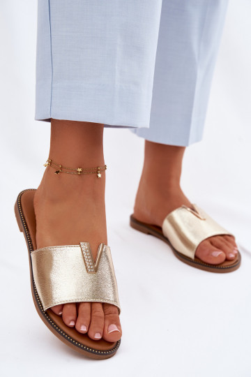 Slippers Dames plat Met sierlijk Detalem V gouden kleur Nelmira 2