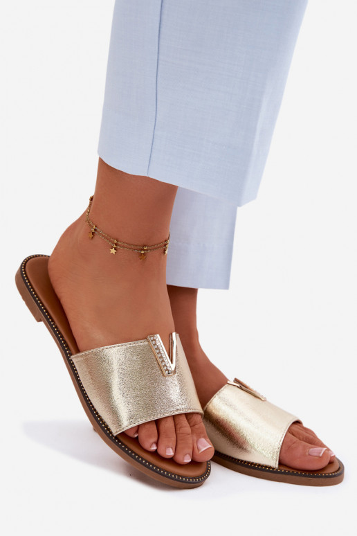 Slippers Dames plat Met sierlijk Detalem V gouden kleur Nelmira